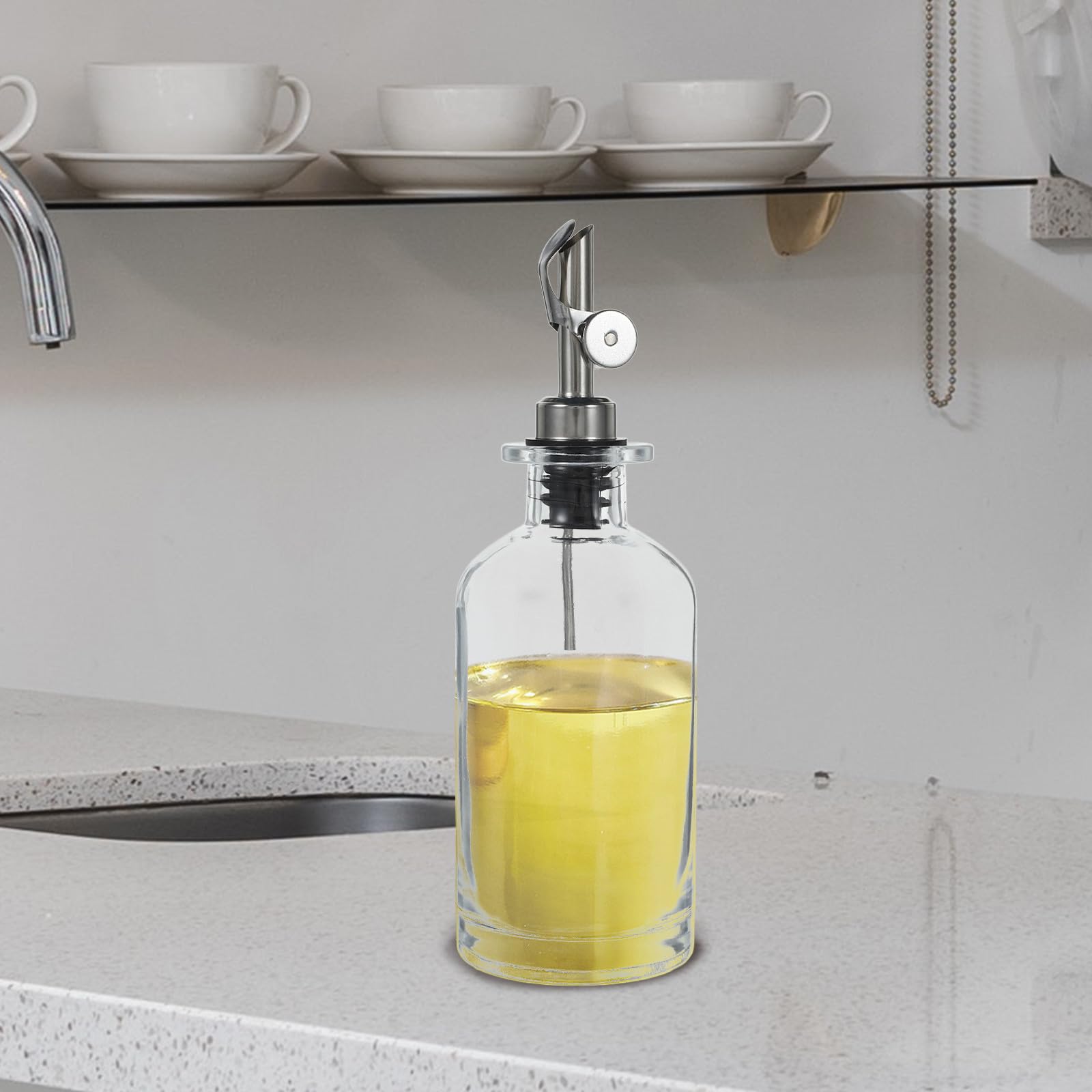 350ml Set de 2 Botellas de Vidrio para Aceite y Vinagre Diseño Automático de Apertura y Cierre, Acero Inoxidable y Silicona, Adecuado para Cocina Moderna