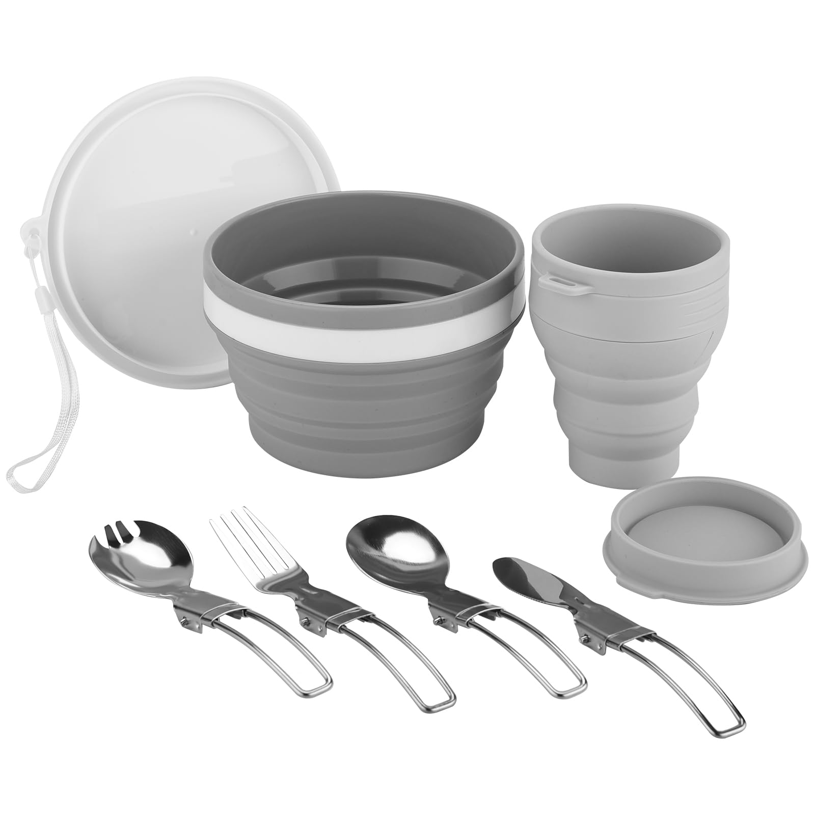 Foldable Mess Kit, ISFORU Portable Collapsible Camping Cups Bowls with Cutlery Set, Microwave Oven Available Food Grade Silicone for Travel Outdoor Hiking and Picnic for 1