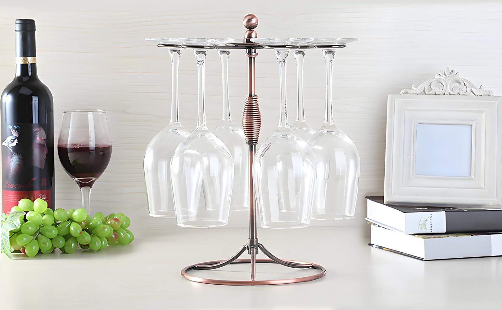 Soporte para copas de vino de bronce, estante de secado independiente para encimera envejecida, colgador artístico de exhibición de vidrio de mesa con 6 ganchos para almacenamiento en el hogar 6