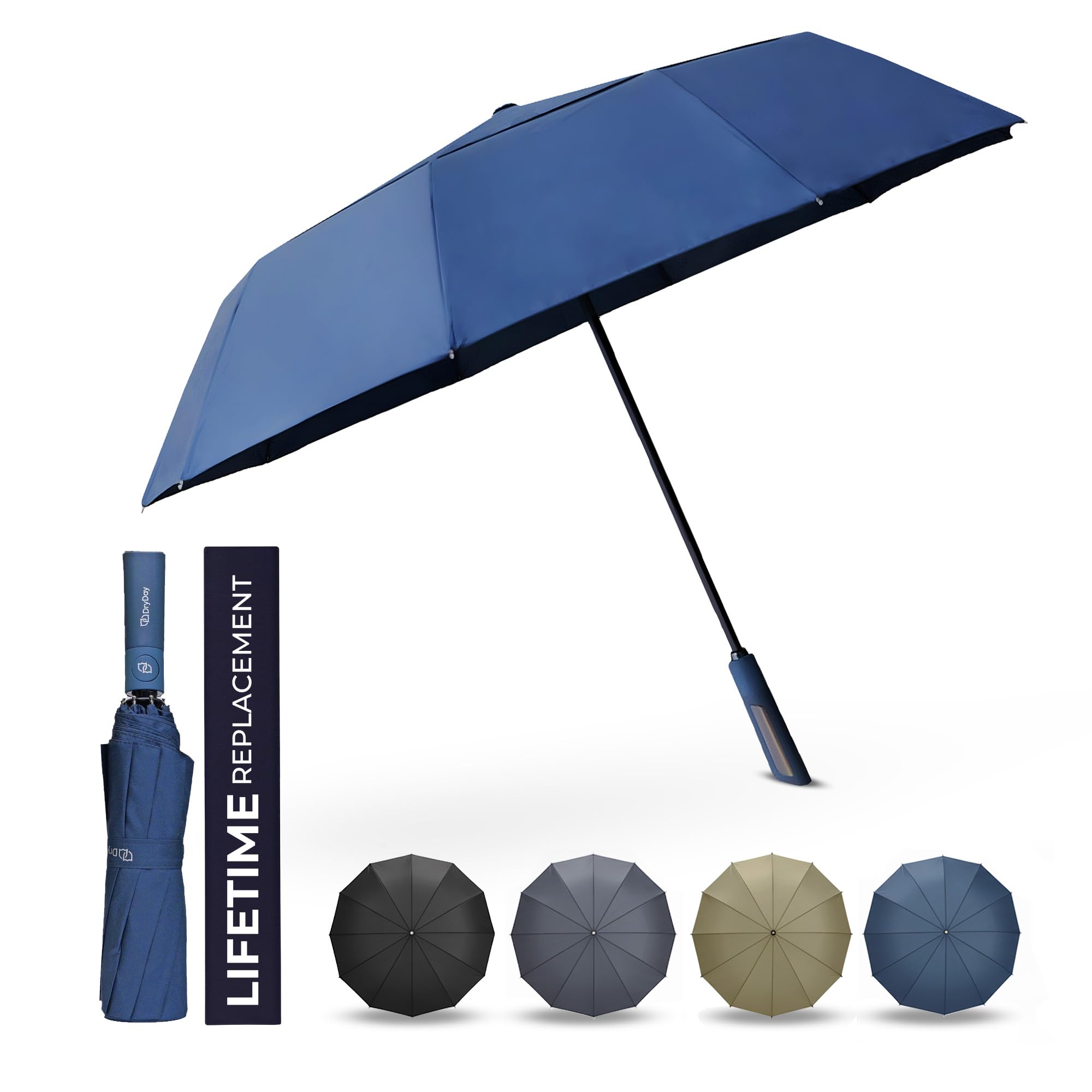 DryDay Premium Umbrellas for Rain, Large Windproof Double Canopy Umbrella, 10 Aluminum Ribs, Sturdy Frame, Auto Open Close Unique Handle, Windproof &