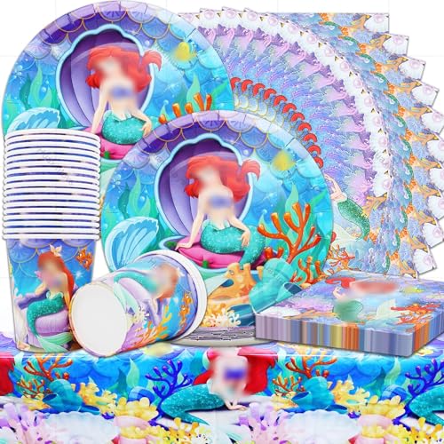 Sereia louça de festa de aniversário, conjunto de louça de 61 sereia inclui pratos de sobremesa, copos de papel, guardanapos e toalha de mesa para aniversários, decorações suprimentos de festas teema