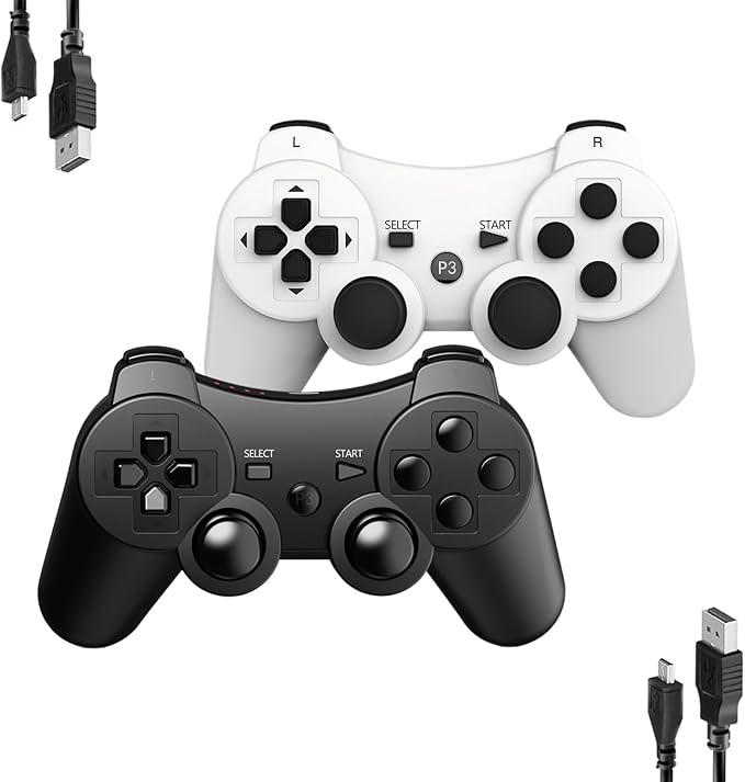 MOVONE wireless Controller for ps3 Rechargeable Game Wireless Controller 2 Pack with 2 Charging Cables, Compatible with Playstation3 (Black+White)