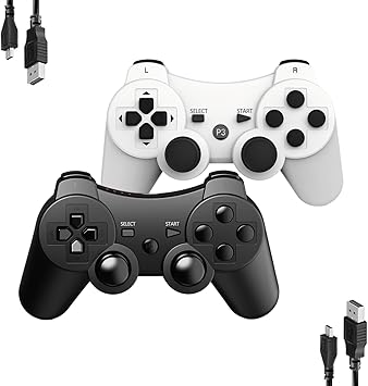 MOVONE wireless Controller for ps3 Rechargeable Game Wireless Controller 2 Pack with 2 Charging Cables, Compatible with Playstation3 (Black+White)