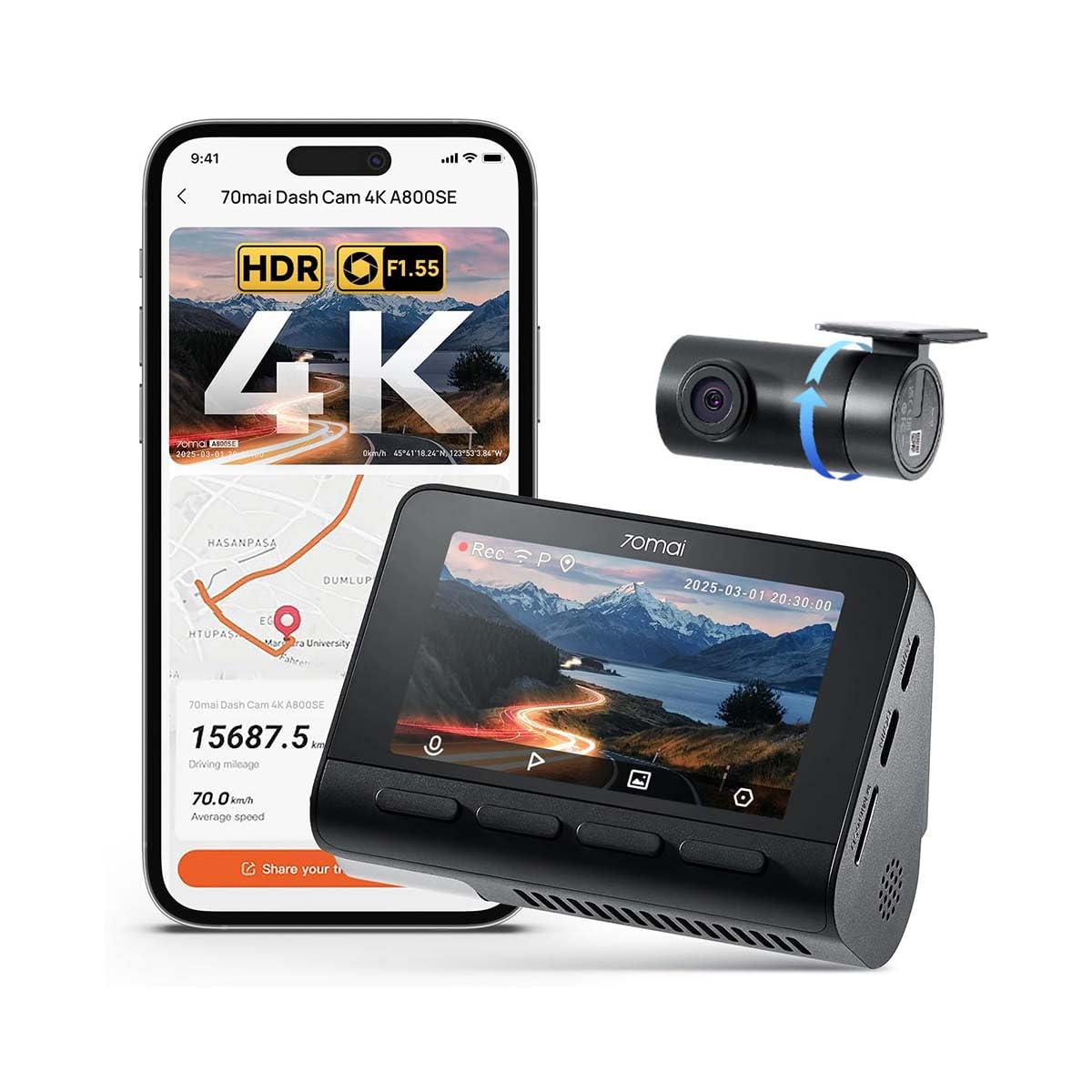 アクセサリー 70mai Dash Cam 4K A800SE 70mai A800SE-1 Câmera Veicular 4K+1080P Frontal e Traseira com