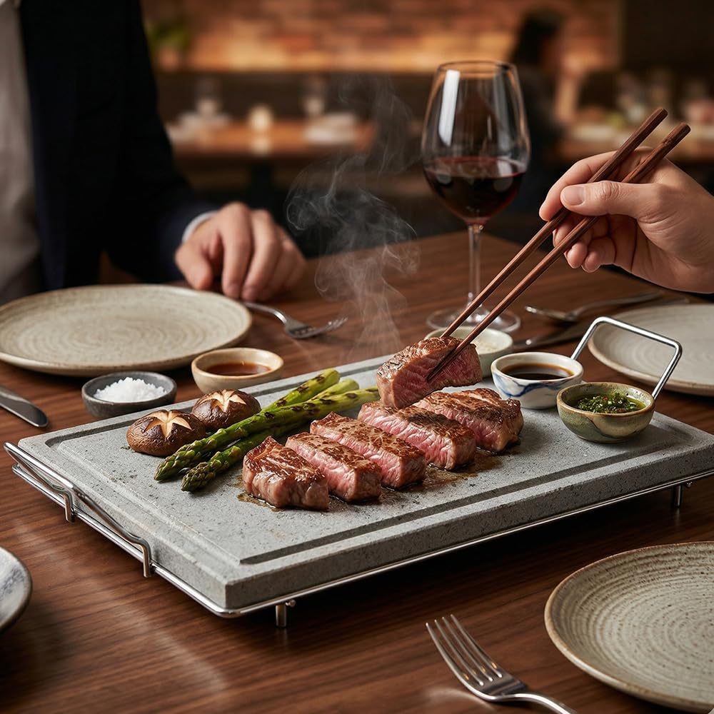 Pietra Ollare grande 60x40 cm con Stand in Metallo Piastra Vulcanica Bistecchiera & Grill da Tavolo Barbecue Griglia per Servire Carni Verdure pesce cottura Dietetica con Canale Raccogli Grassi