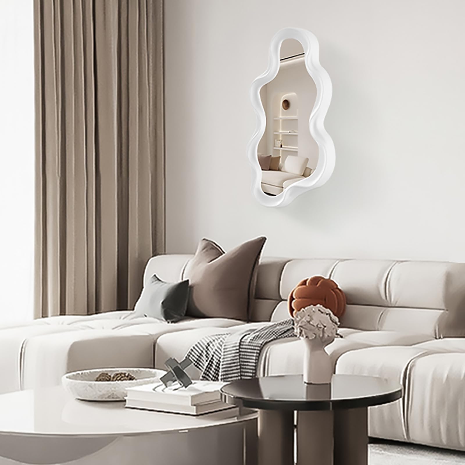 Specchio da Parete a Forma di Nuvola Irregolare, Specchio Asimmetrico da Parete, Specchio Decorativo per Soggiorno, Camera da Letto, Bagno, Ingresso, Bianco.