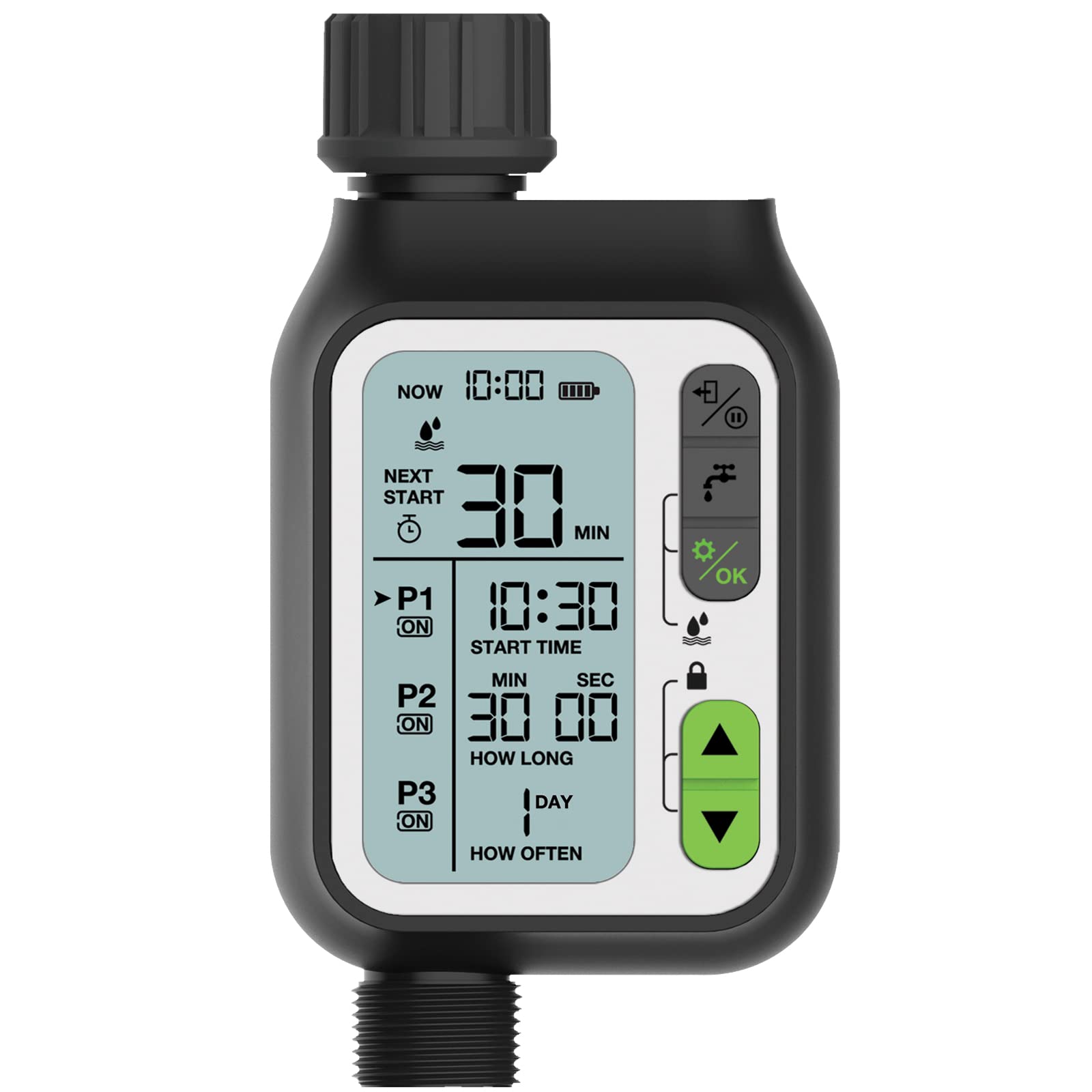 Kazeila Sprinkler Timer connected to an outdoor faucet, watering a lawn.