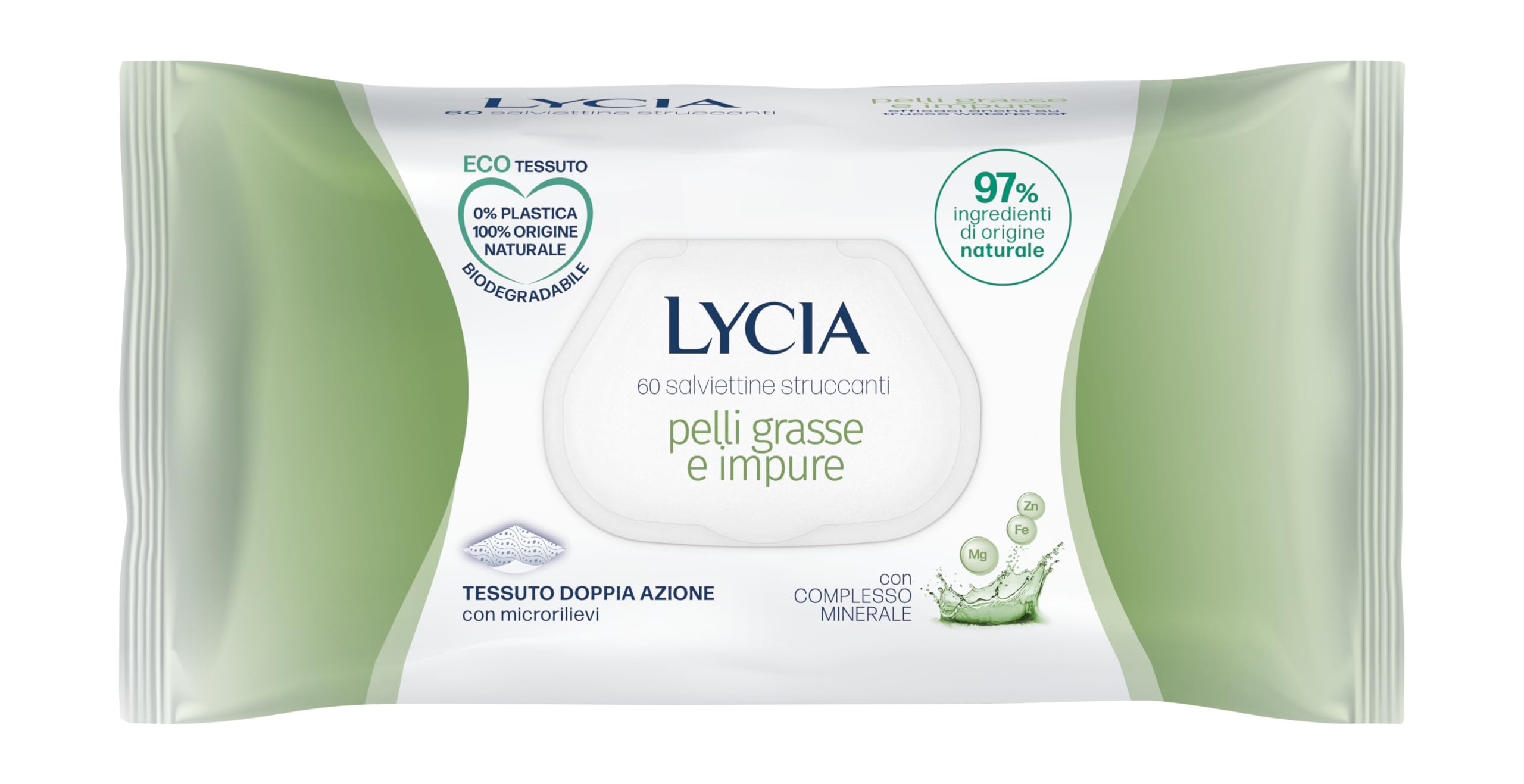 Lycia, Salviette Struccanti per Pelle Grassa e Impura, Eco Tessuto Doppia Azione Biodegradabile, Tecnologia Anti-Pollution per Rimuovere Tracce di Smog e di Inquinamento dalla Pelle, 60 pezzi