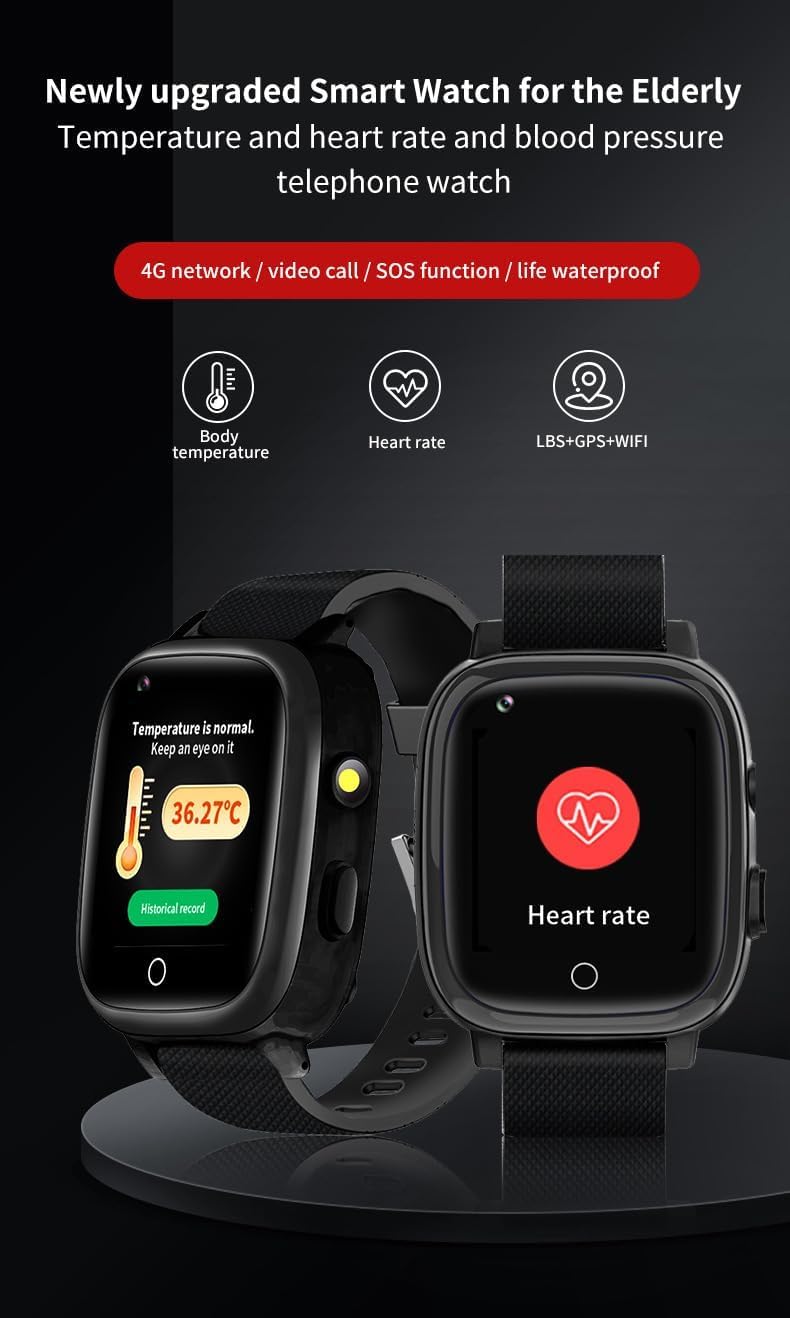 Reloj Inteligente GPS para Ancianos con Botón De Emergencia Sos, Dispositivos De Alerta De Alarma Y Caída, Reloj Inteligente De Videollamada 4g A Prueba De Agua, para Demencia, Alzheimer