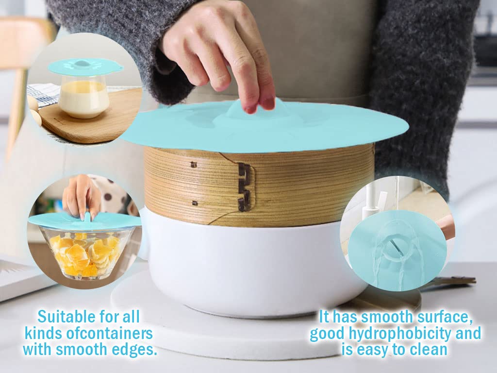 Set di 5 coperchi in silicone per ciotole, pentole, tazze, riutilizzabili, per alimenti, impugnatura naturale, manici ad incastro per un facile utilizzo e conservazione