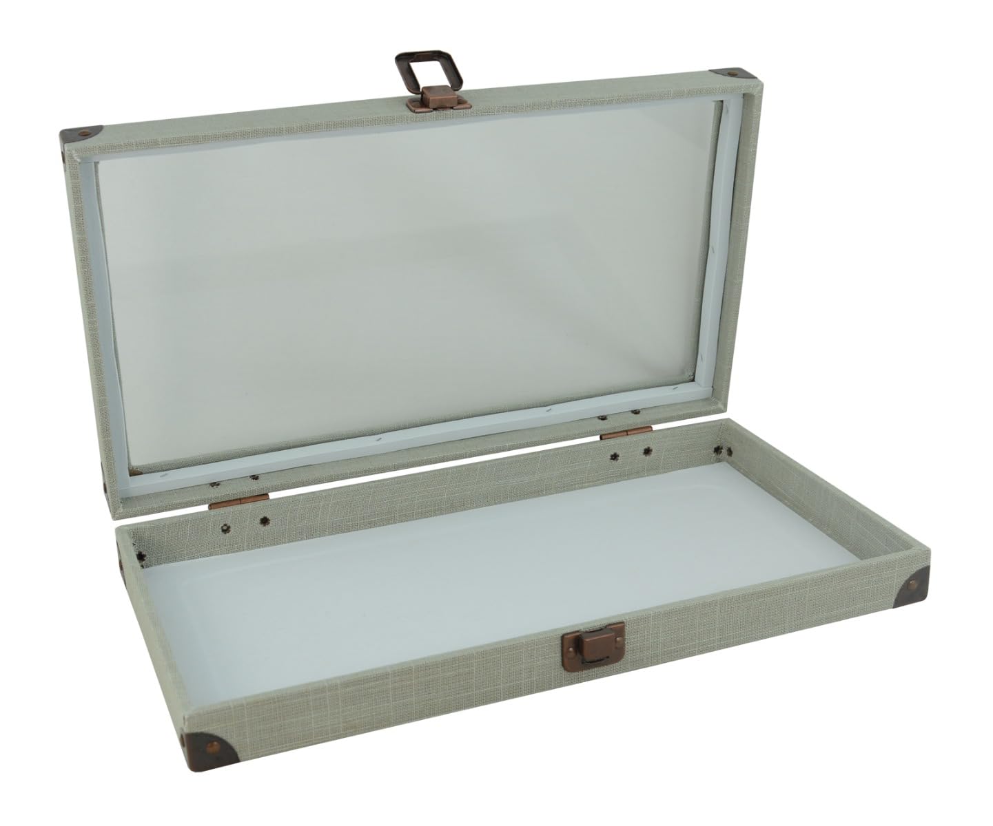 Box Displays Szare lniane drewniane mosiężne narożniki i zapięcie szklana pokrywa gablota z wyborem ekspozycyjnej wkładki do biżuterii (etui z białą podkładką pierścieniową 72)
