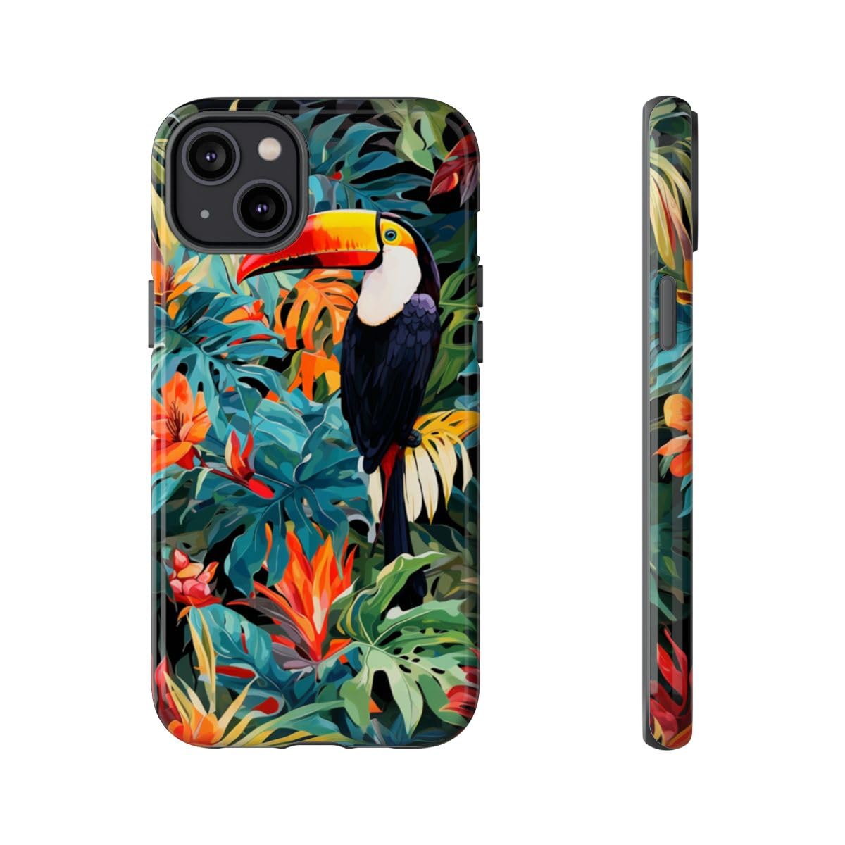 Coque iPhone 14 Plus vert toucan tropical rigide et brillante protégeant le smartphone