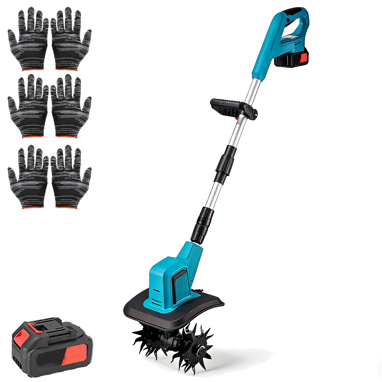 Zappatrice per Terreno A Batteria, Motozappa Elettrica da Giardino da 550 W con 2 * 13000 mAh E 4 Lame in Acciaio al Manganese, Potente Attrezzo da Giardino per Coltivatore per Diserbo E 1 Batteries