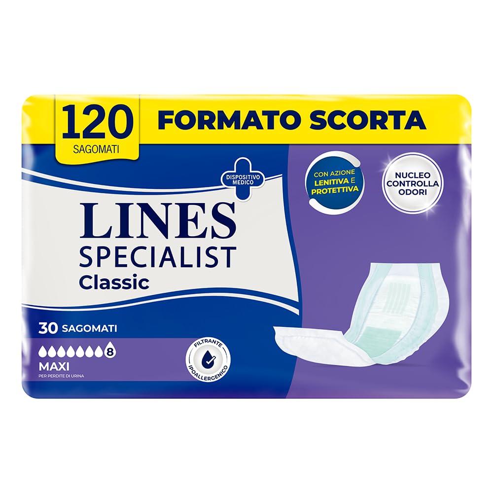 Lines Specialist Classic, Pannoloni Sagomati Assorbenti per Incontinenza Donna e Uomo, elevata Assorbenza, 4 Confezioni da 30 Unità