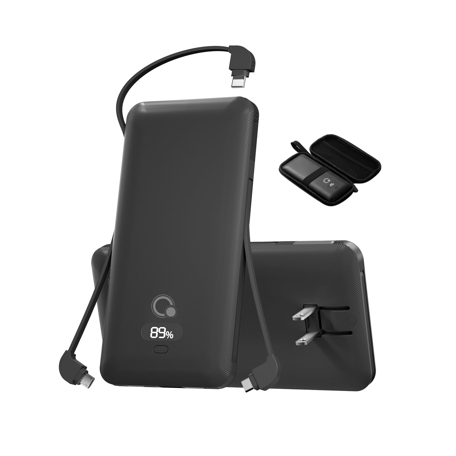 10000mAh Portable Charger with Built-in Cables and AC Wall Plug, USB C Fast Charging Power Bank with 3 Cords,5 Output External Battery Pack Compatible with iPhone,Tablet and All Smart Phones Black