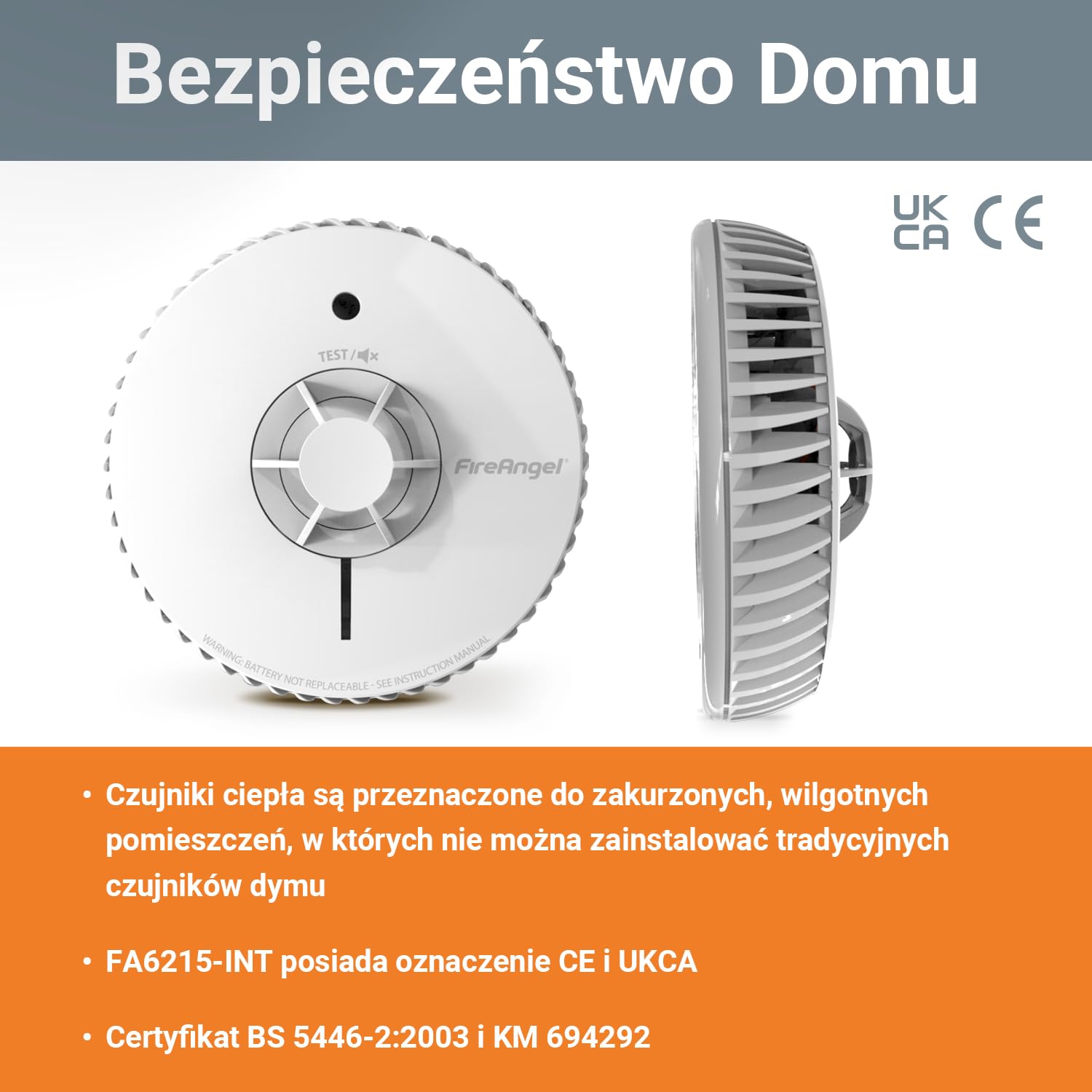 Fire Angel Czujnik Ciepła z Wymienną Baterią na 5 Lat – Detektor Ciepła FA6215-INT – Zamiennik dla Czujników HT-630, Biały