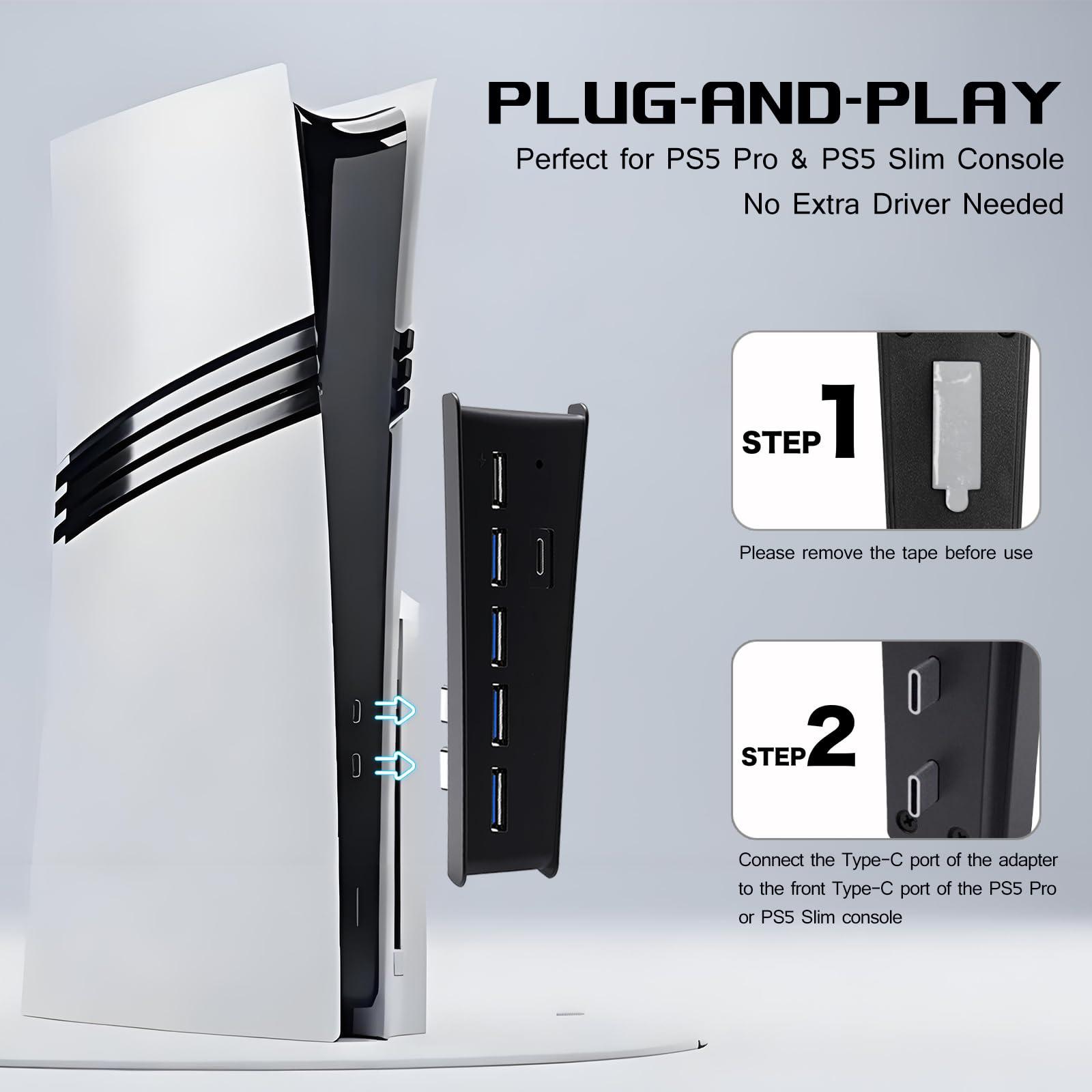 6 Port USB Hub für PS5 Pro & Slim Console Disc/Digital, High-Speed Extra Ports für PS5 Slim Pro Zubehör, Hub Ladegerät Splitter Adapter mit 4 USB 2.0 + 1 USB Ladeanschluss +1 Typ C 3.1