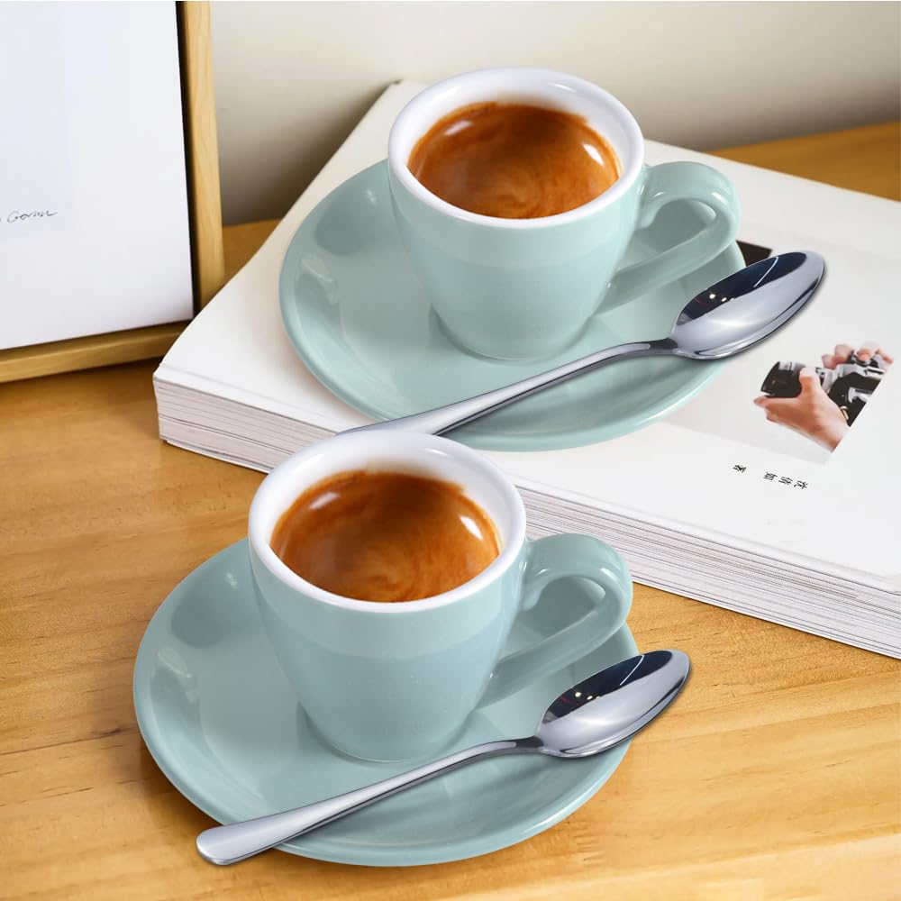 ionEgg Porcelain Espresso Cup with Saucer and Mini Stainless Steel Spoons, Espresso Shot Glass, 80ml, Set of 2, Blue - Image 4