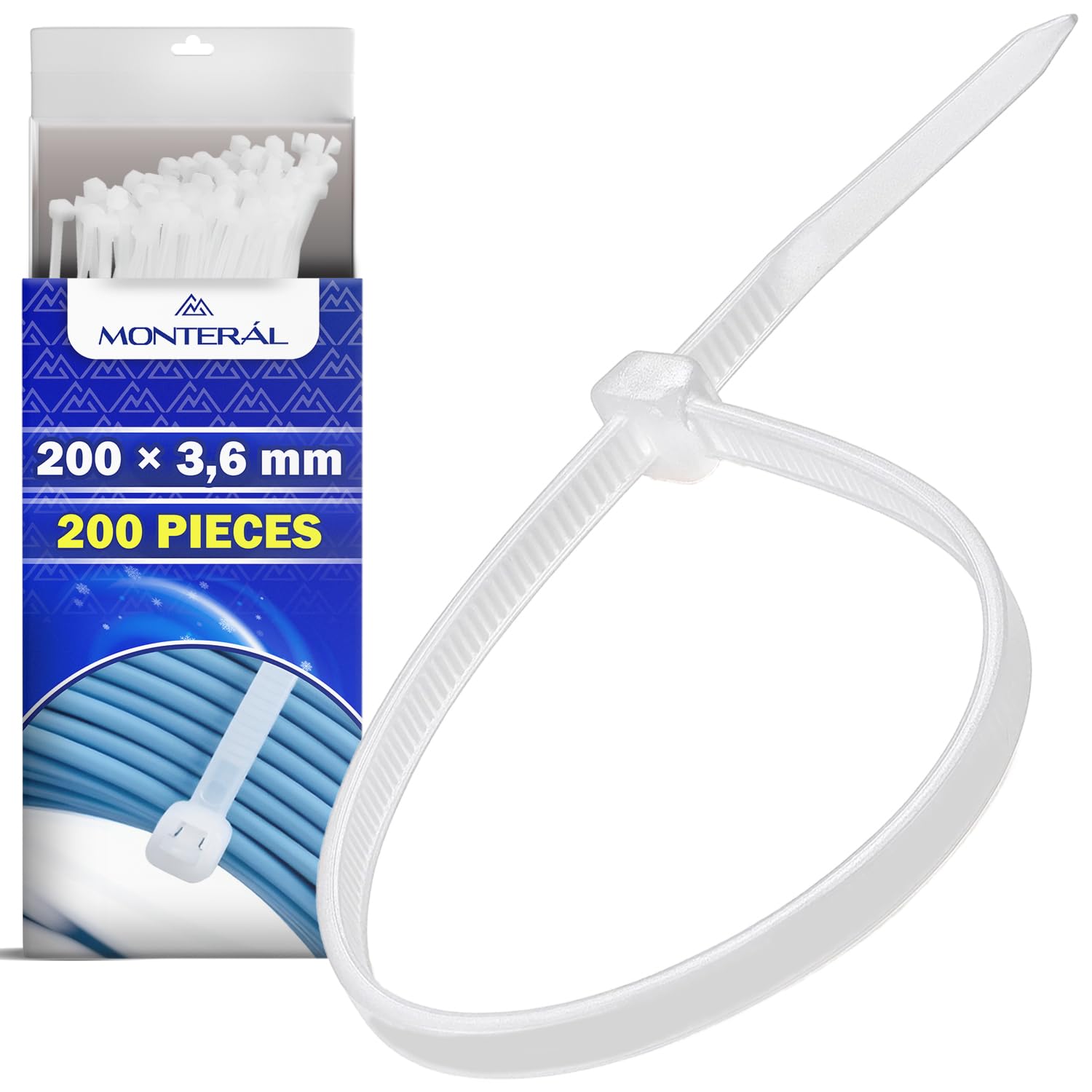 200 Pieces White Cable Ties 200 x 3,6 mm - Cable Zip Ties are Made of PA66 Nylon with UV Stabiliser - Tie Wraps Withstand Temperatures from -10°C to 85°C - MONTERAL