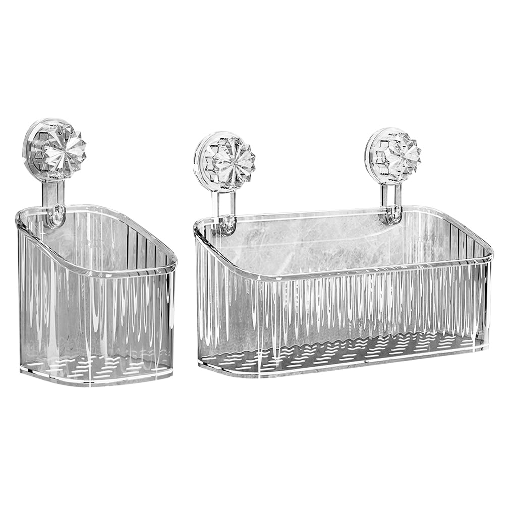 ILUFAM 2PCS Suction Cup Shower Caddy Shower Organizer Removable Bathroom Wall Shelf Shower Basket No-Drilling Plastic Shower Shelf (White Small+Large)