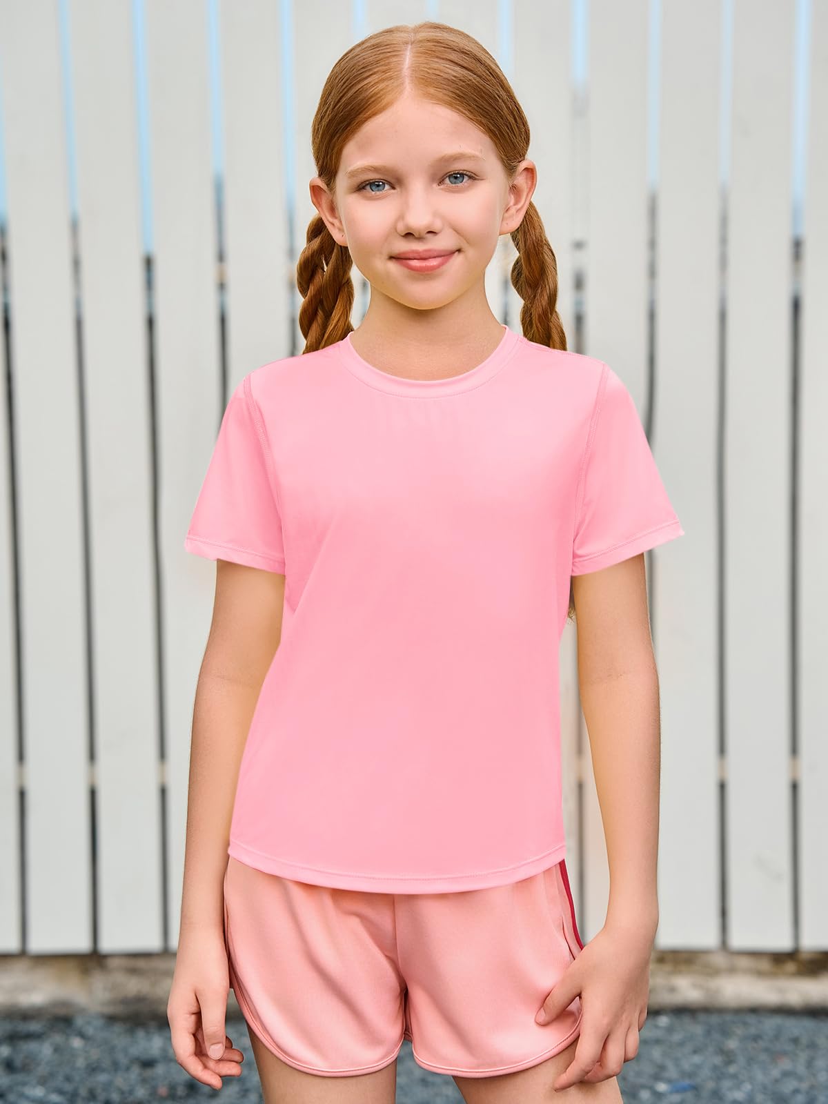 Camisetas atléticas manga corta niñas ajuste seco dobladillo curvado 5-14 años