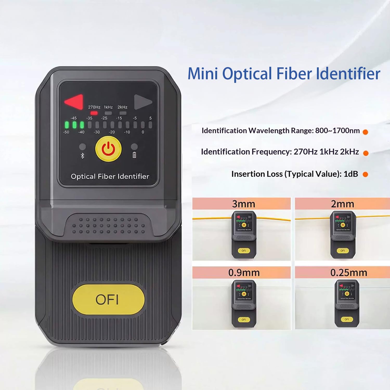Elfcam - Identificateur de Fibre Optique FTTH,Détecteur de Fibre Active 1310/1490/1550 nm avec Indicateur de Direction du Signal,Compatible 250µm 900µm 2.0mm 3.0mm,Compatible avec la charge USB-C