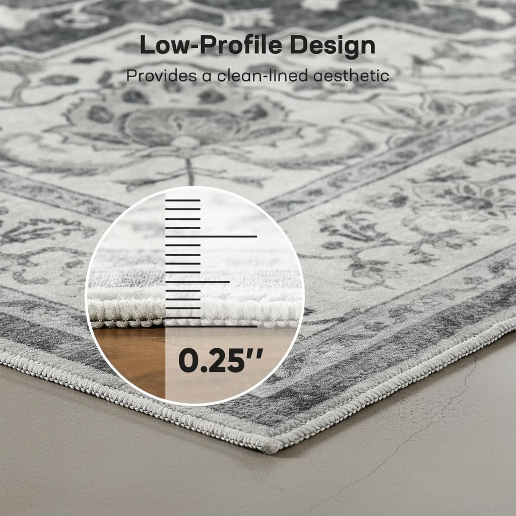 Marsail 8x10 Machine Washable Area Rug,Soft & Slip-Resistant, Vintage Floral Short-Pile with Reinforced Bound Edges, Large Rug for Living Room, Dining Room, Bedroom,Light Grey