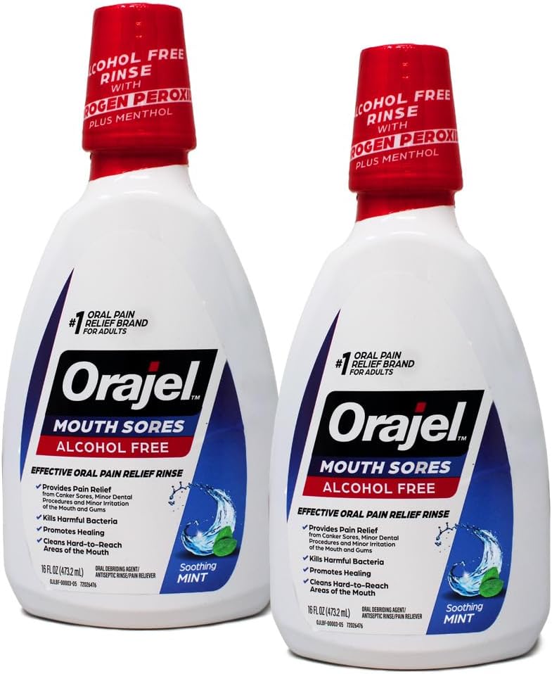 Orajel Alcohol-Free Antiseptic Mouth Sore Rinse, Fresh Mint, 16 Fl Oz (Pack of 2)