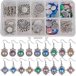 SUNNYCLUE 1 Box DIY 12 pair Mermaid Scales Skin Dangle Earrings Making Starter Kit Include 6 Color 36pcs Round Mermaid Scales Skin Resin Cabochons 12mm, 3 Style 36pcs Pendant Cabochon Bezel Settings