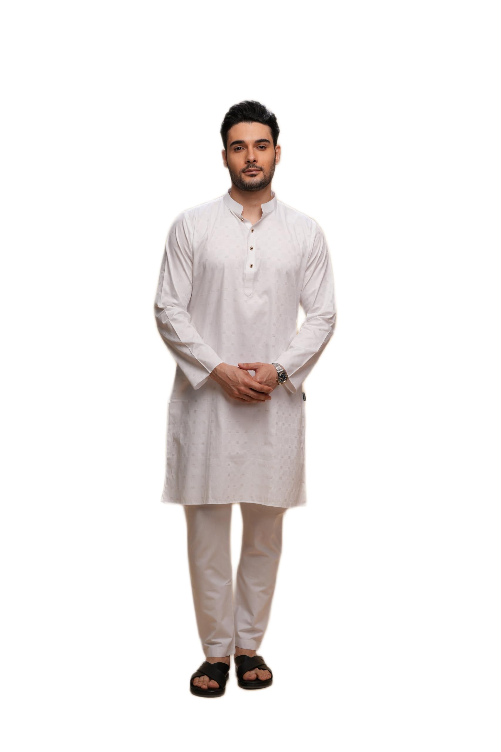 mashroo Men Kurta Pajama Set White Dobby Cotton with Mandarin Neck for Weddings-picture-1