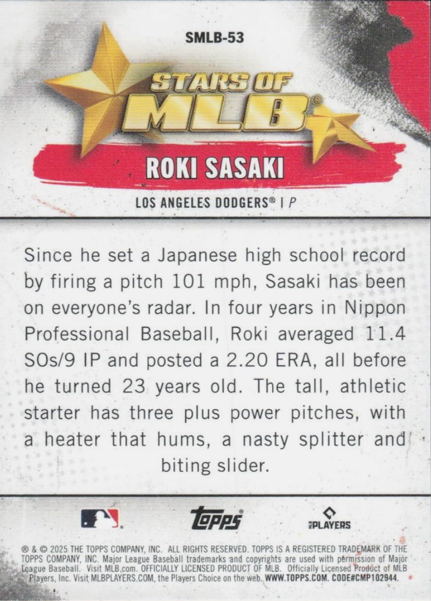 Amazon.com: 2025 Topps Series 2 Roki Sasaki #SMLB53 Stars of MLB