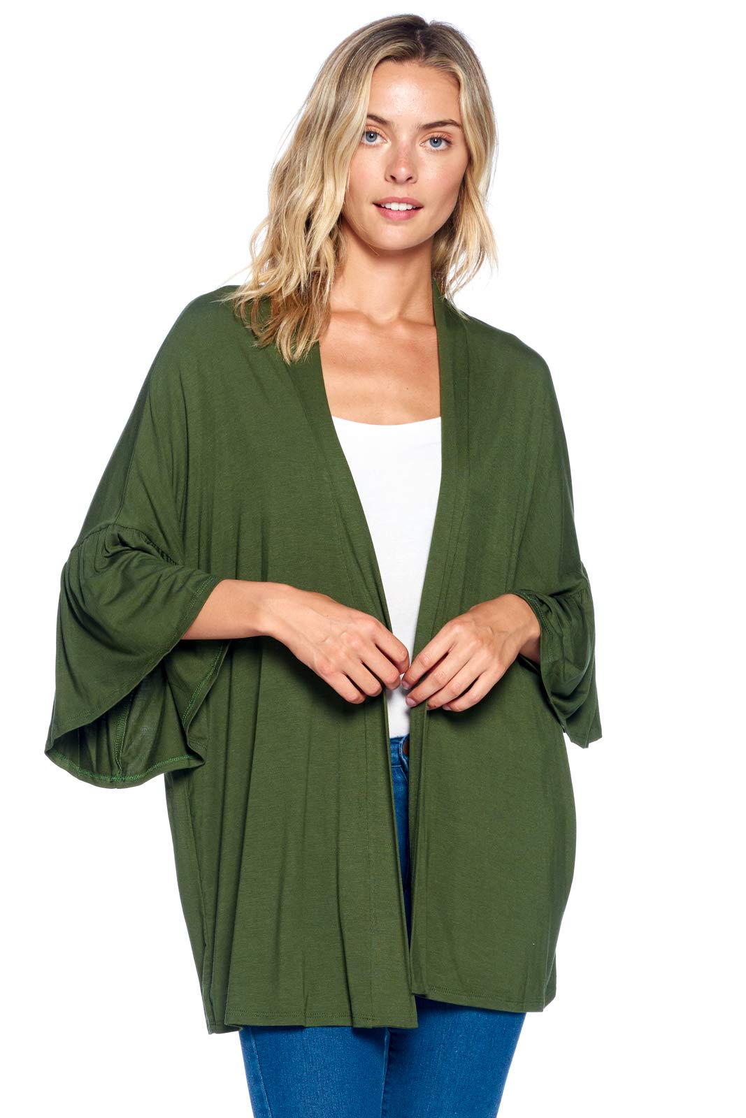 Modern Kiwi Solid Bell Sleeve Open Kimono Cardigan