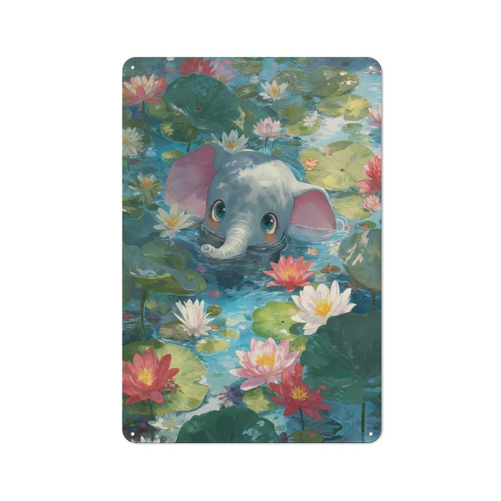 Junmoney Cute Elephant In Lotus Pond Shed Metal Sign With Design 30X20cm, Outdoor Room Utility Space Decor For Greenhouse, Garden Room, Cafe Or Entryway