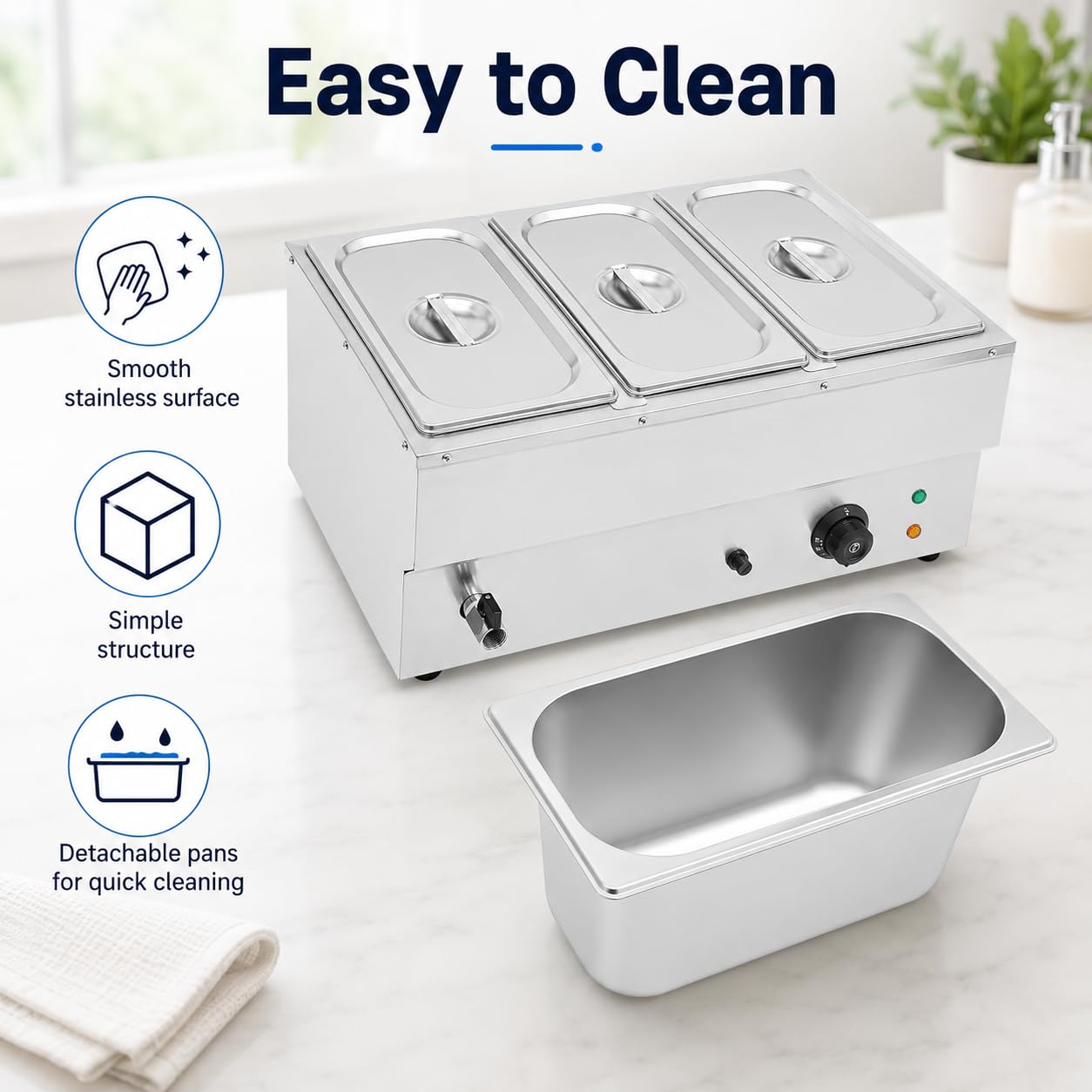 Chauffe Plat Électrique Bain Marie à 3 Casseroles Température Réglable avec Couvercles Chafing Dish Buffet,pour la Maison, Cafétéria, Fête d'anniversaire, Restaurant, Fête