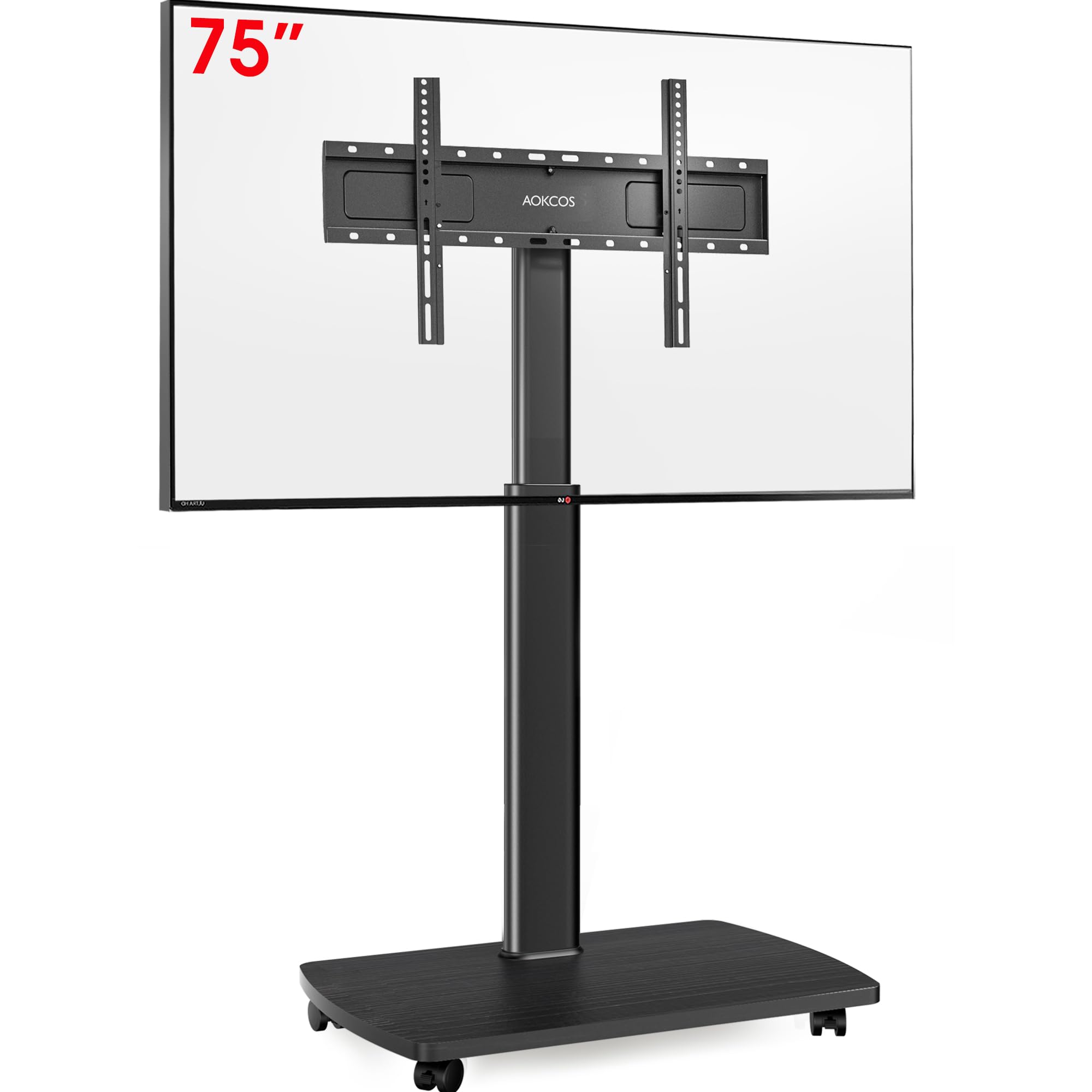 AOKCOS TV Bodenständer Rollbar mit Holzregal, TV Ständer mit Rollen für 43-75 Zoll Flach & Curved Fernseher bis 50kg, Höhenverstellbar Schwenkbar Fernsehstand, Max.VESA 600x400mm