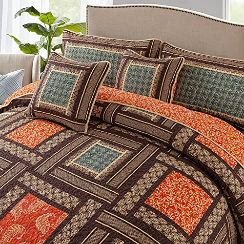 NEWLAKE Cotton Patchwork Bedspread, 3-Piece Bedding Quilt Set with Real Stitched Embroidery, Reversible Matelasse Bed Coverlet Set,Bohemian Farmhouse,Queen Size