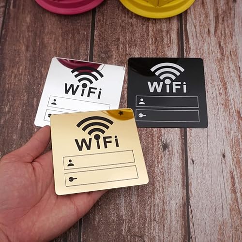 Conjunto de 2 adesivos de parede WiFi regraváveis, espelho acrílico 3D, rede de internet e senha para hóspedes, Airbnb, VRBO, aluguel de férias (espelho dourado)