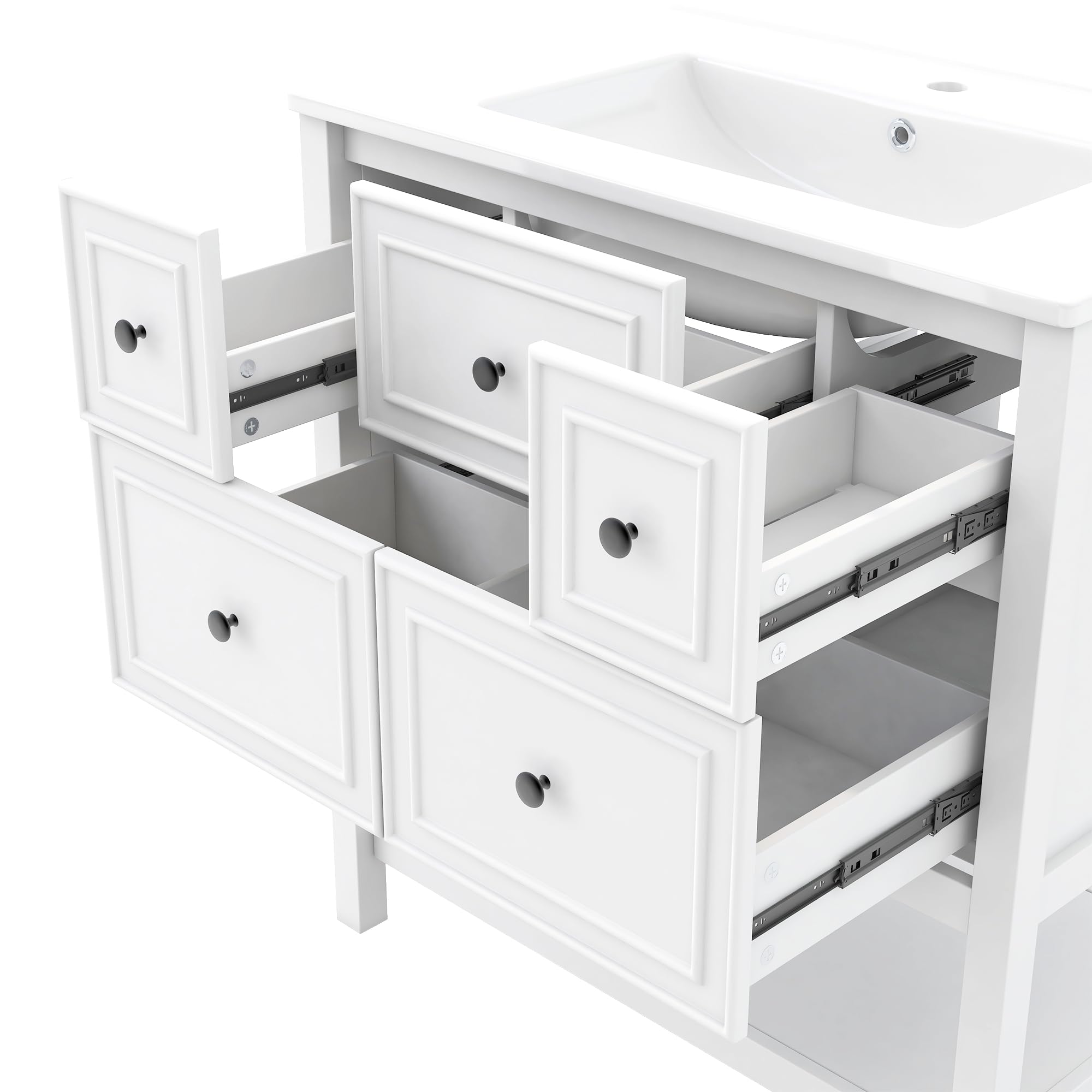 Mobile sottolavabo bianco con lavabo in ceramica, 76 cm, autoportante, con 5 cassetti e ripiano aperto, per bagno di casa e WC degli ospiti