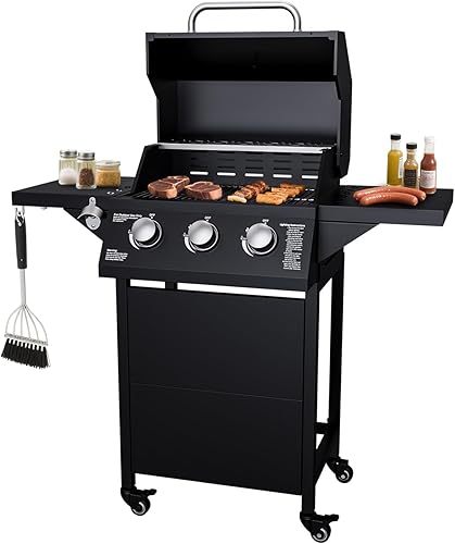 Parrilla de gas propano de 3 quemadores, 30000 BTU Parrilla de barbacoa de gas al aire libre con dos estantes, rejillas de cocina de acero