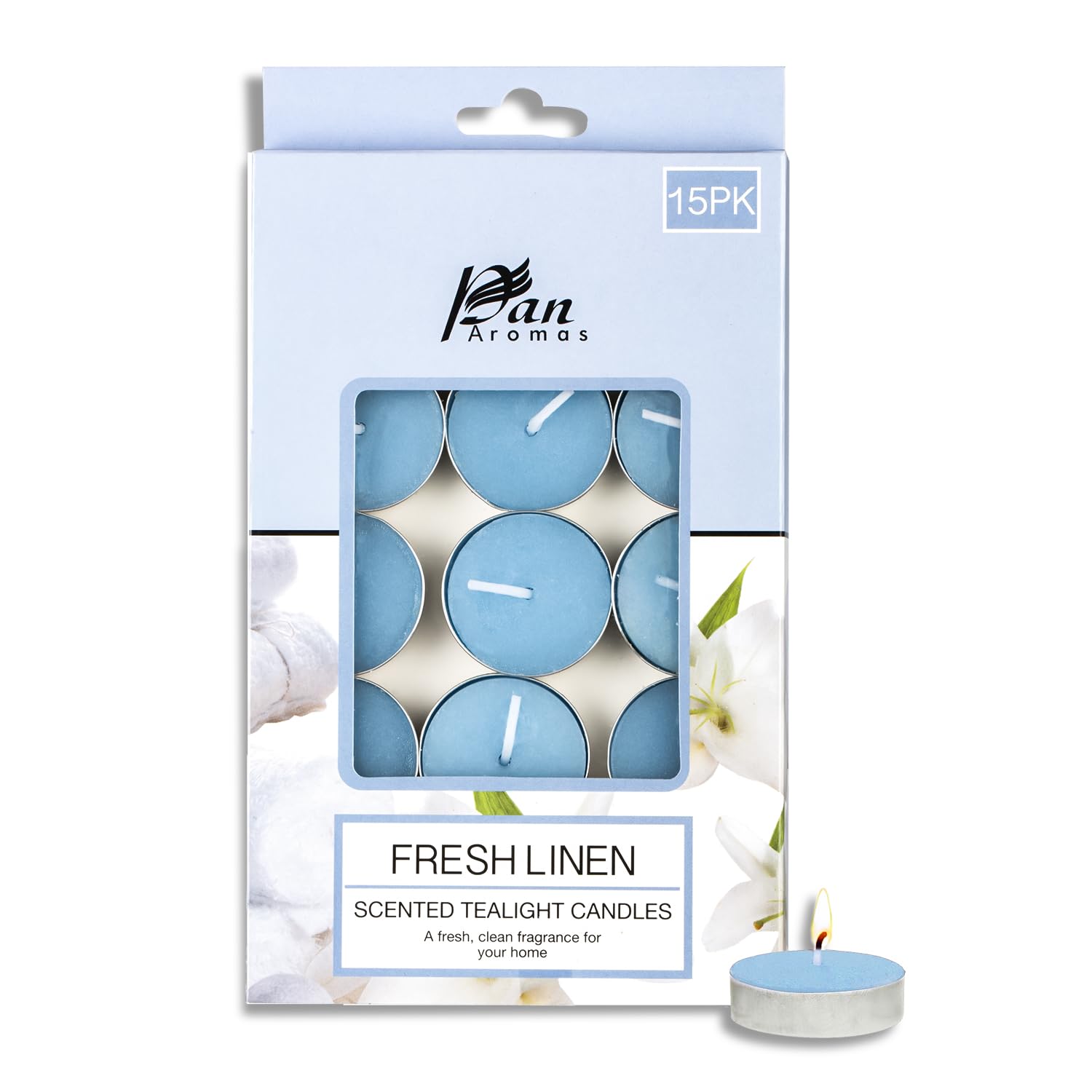 Pan Aromas - (Fresh Linen) Scented Tealight Candles| Pack of 15| Long Burning Tealight Scented Candles for Home, Office & Gifting - 2.5 hrs to 3 hrs Burn Time