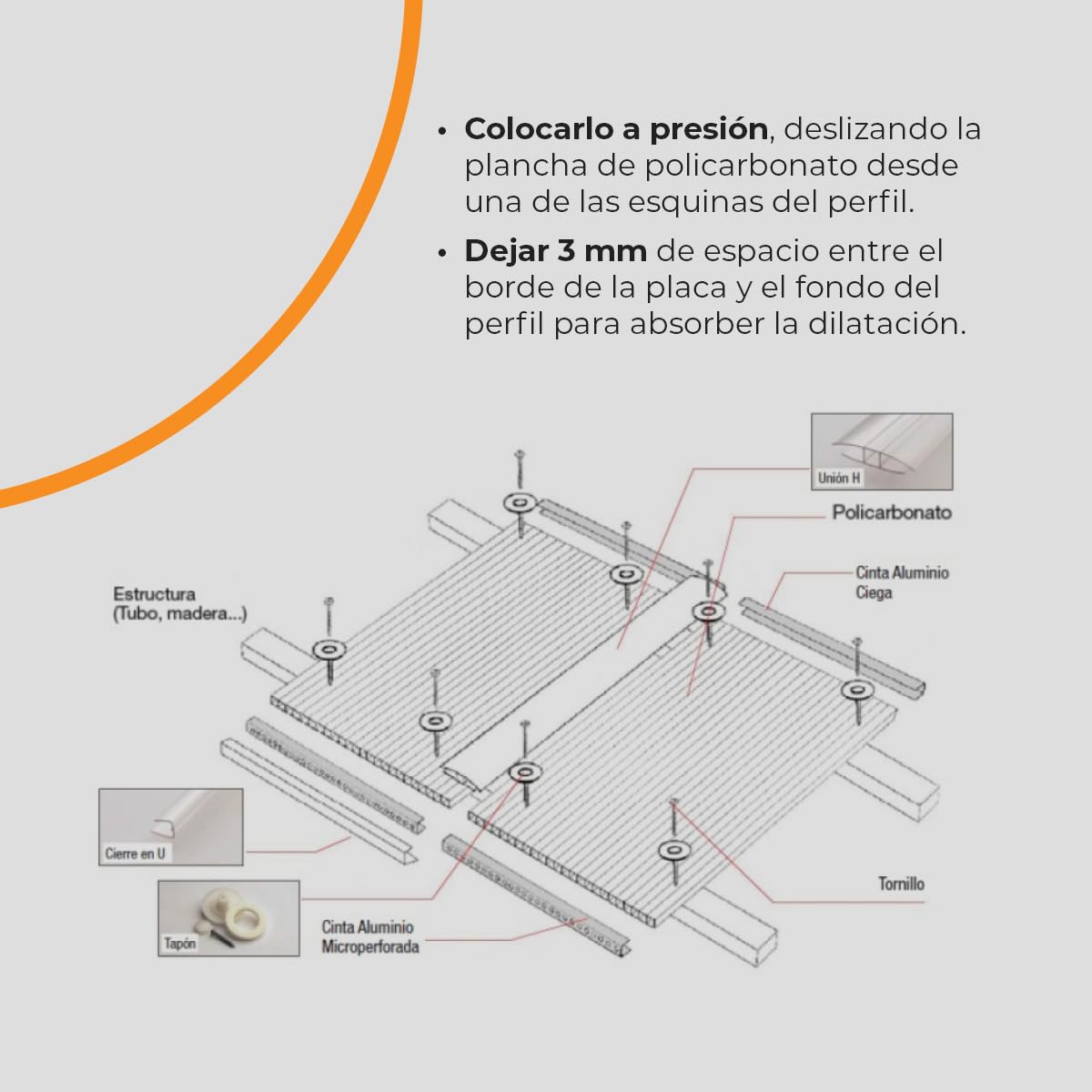 Pack 3 Perfiles de Unión - Perfil en H Policarbonato - Longitud: 2m - Espesor: 8mm - Para Unir Placas y Planchas de Policarbonato Transparente - Perfiles Decorativos