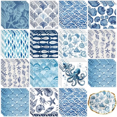 Tenceur 48 Pack 12 Styles Blue Coastal Decoupage Paper Napkins Ocean Seashell Fish Decorative Cocktail Napkins Printed Tissue Paper for Crafts DIY Furniture Art Project Beach Party Home Decor 13 Inch