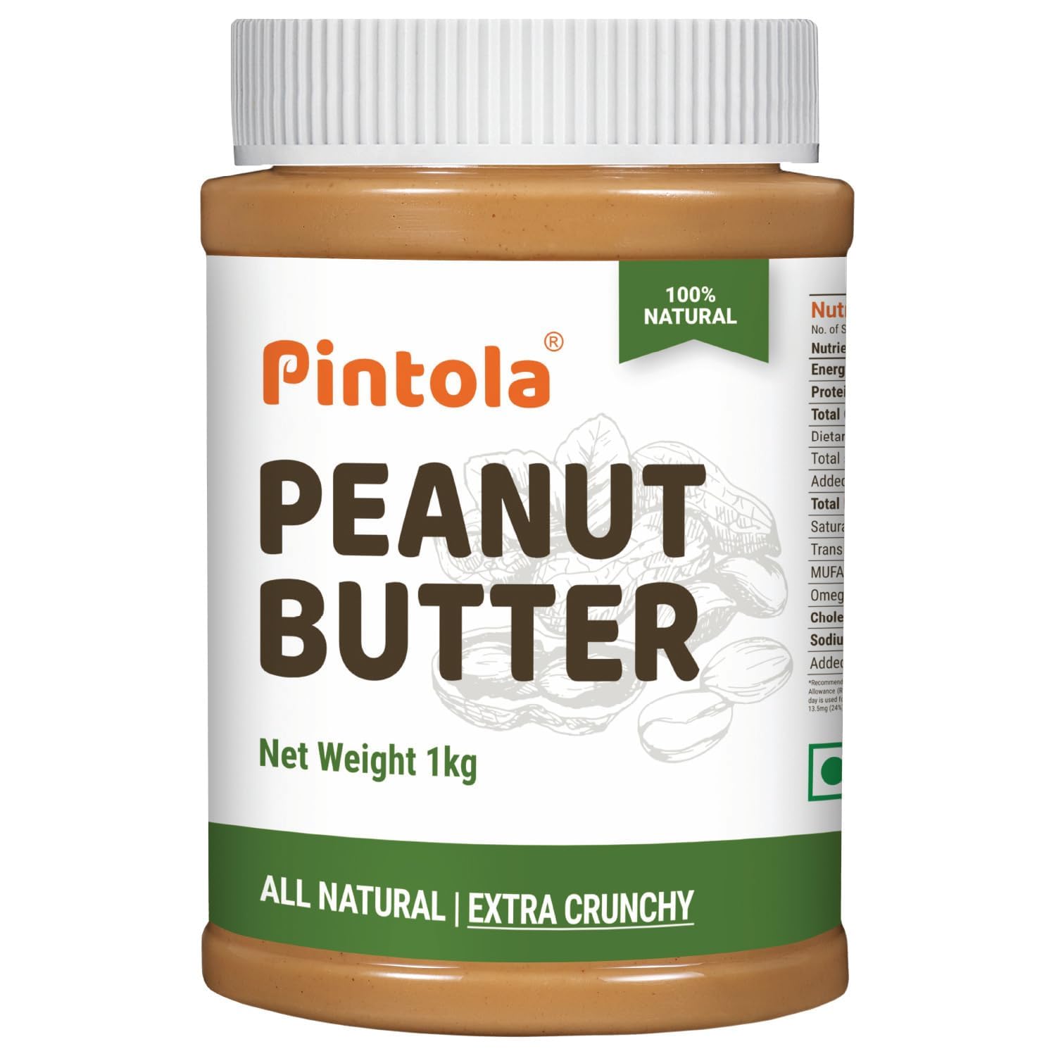 Pintola All Natural Peanut Butter Extra Crunchy 1kg |Unsweetened | 30g Protein | Gluten & Cholesterol Free, Vegan, Nut Butter, High in Protein Spread, 100% Pure Roasted peanut butter
