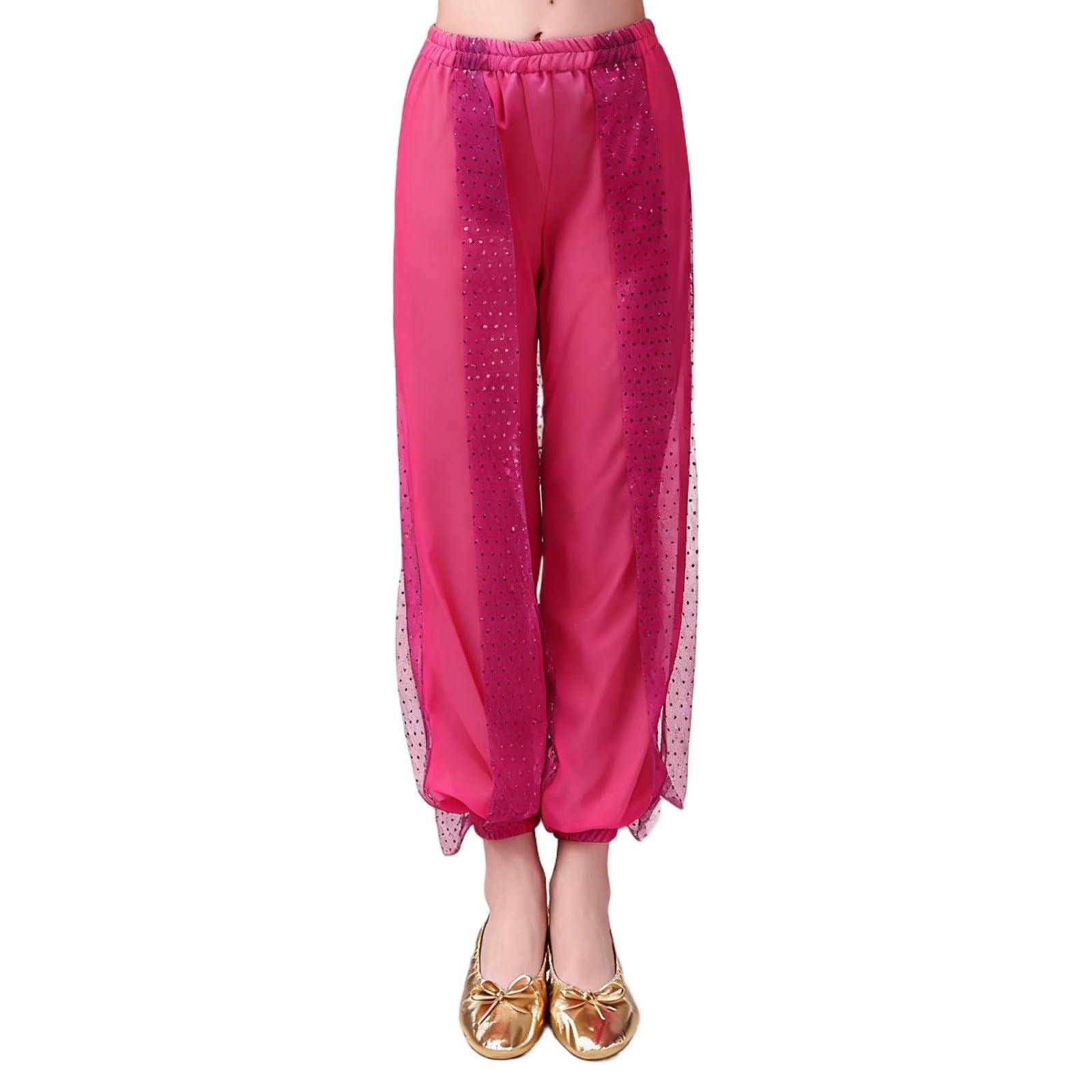 Belly Dance Harem Pants, Girls Chiffon Tribal Arabic Trousers Sequin Shiny Loose Bloomer Capri Trouser Dancing Yoga Pilates Zumba Party Performance Costume Hot Pink 9-10 Years