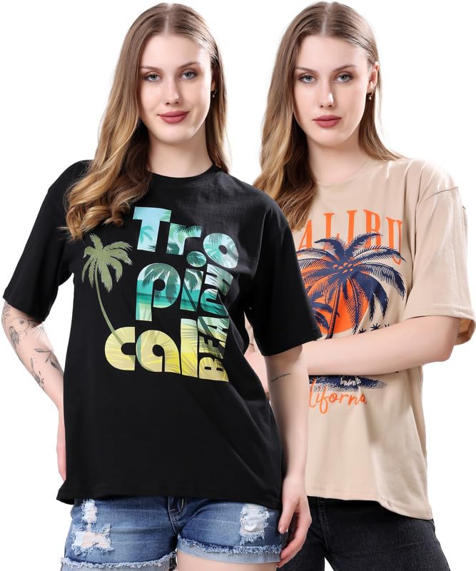 Image of London Hills Women's Cotton Blend Oversized Fit Oversized Tshirt | Oversized Tshirt - Pack of 2