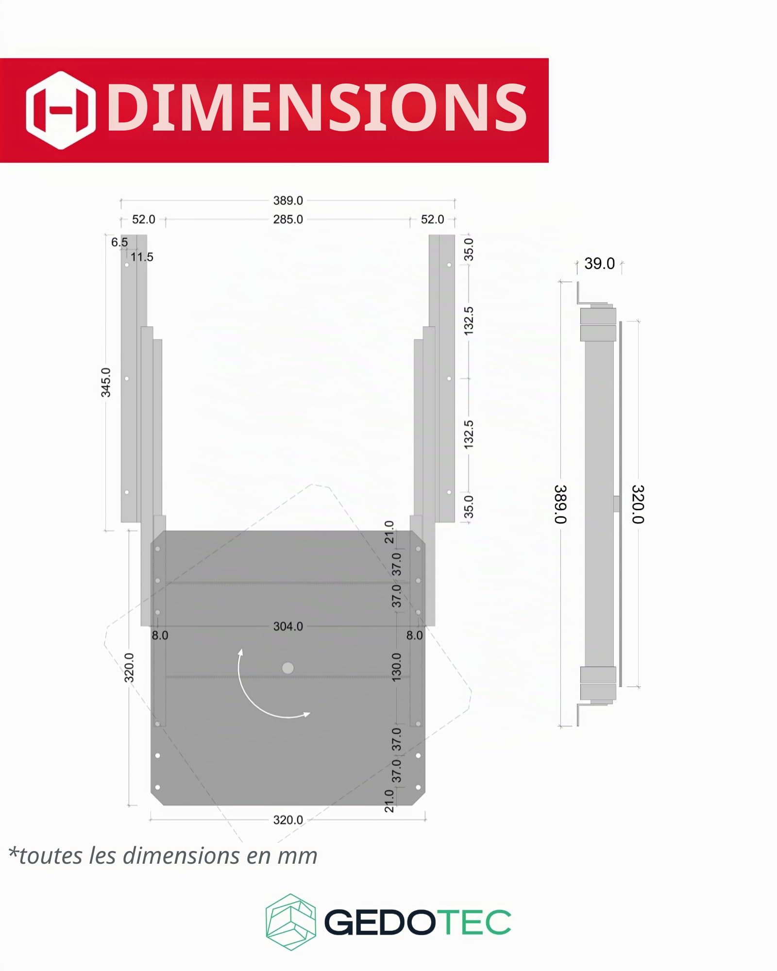 Gedotec Plateau TV pivotant Extension TV pivotante à Visser sur Tablette | Extension d'armoire Charge admissible 50 kg | Extension Totale avec Plateau tournant argenté | Longueur d'extension 335 mm