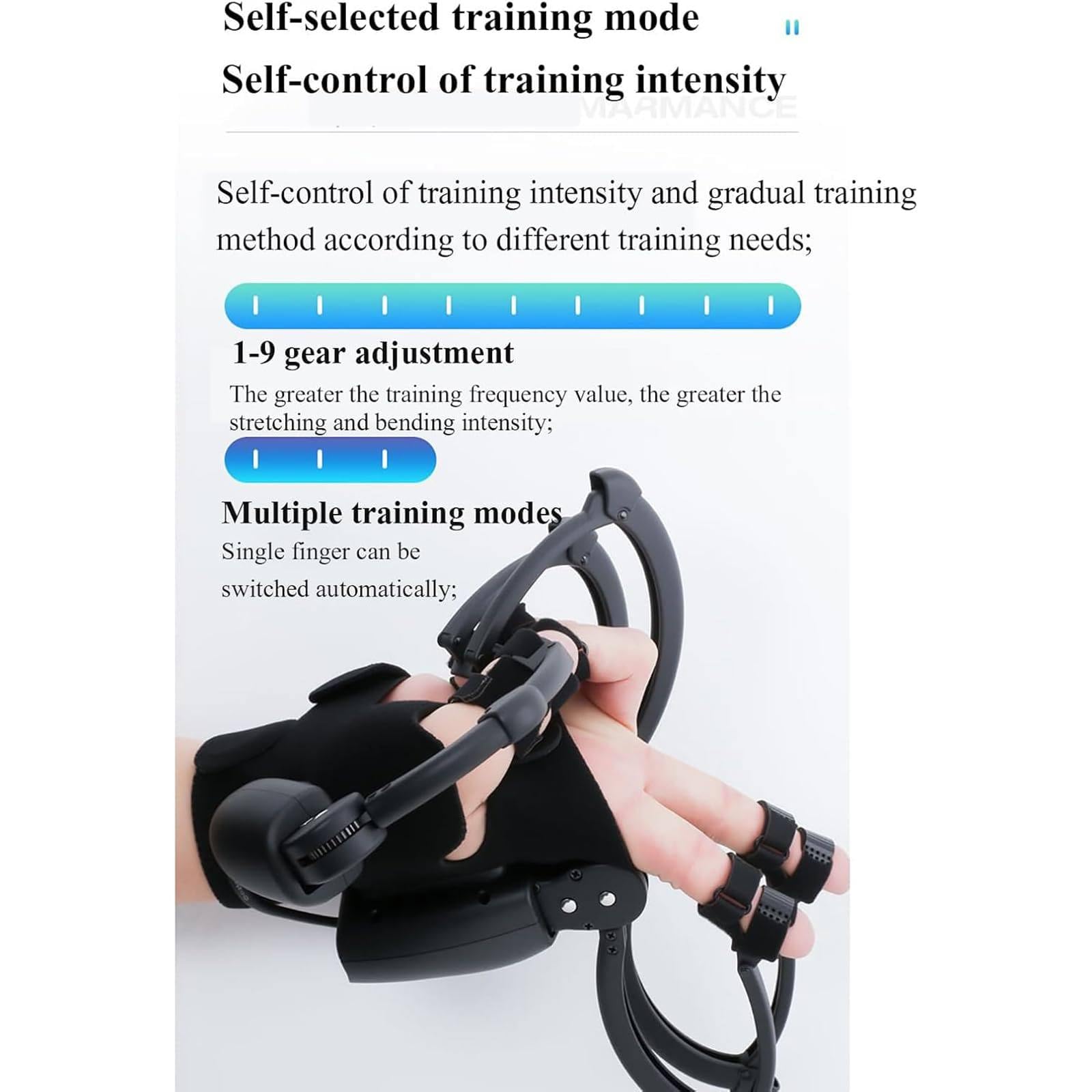 Gants d'entraînement sans fil avec fonction miroir, rechargeable par USB, 9 niveaux de force, plusieurs modes d'entraînement pour hémiplégie et récupération d'AVC, faciles à transporter