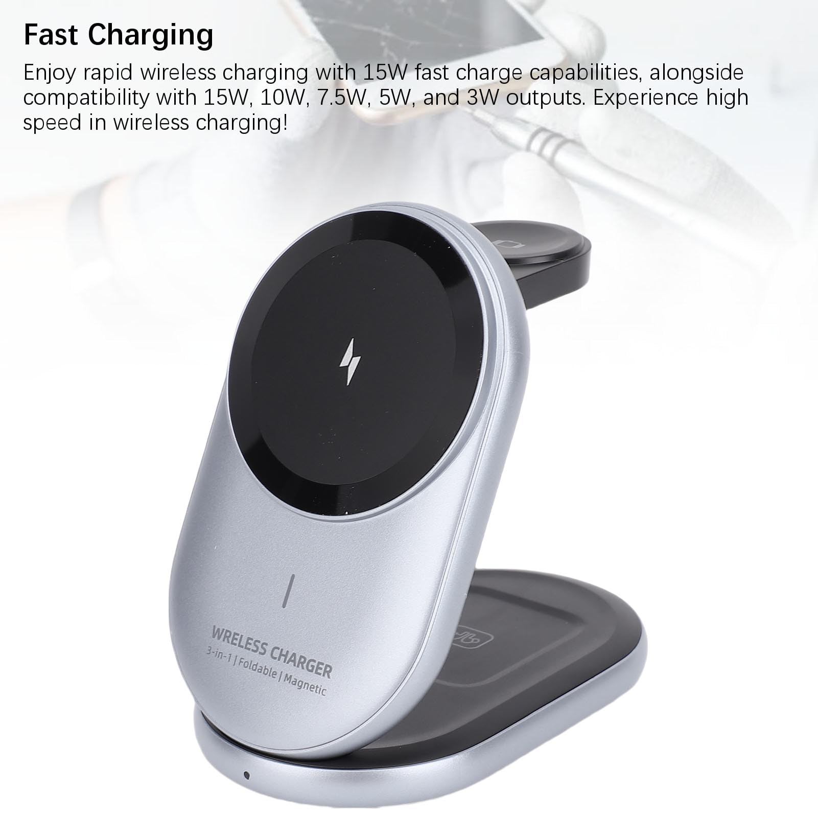 Generic Station de Charge sans Fil Rapide 15 W pour Téléphone Montre écouteur compatibilité Universelle Magnétique pour Bureau à Domicile Noir, Conception Pliable en Composite ABS