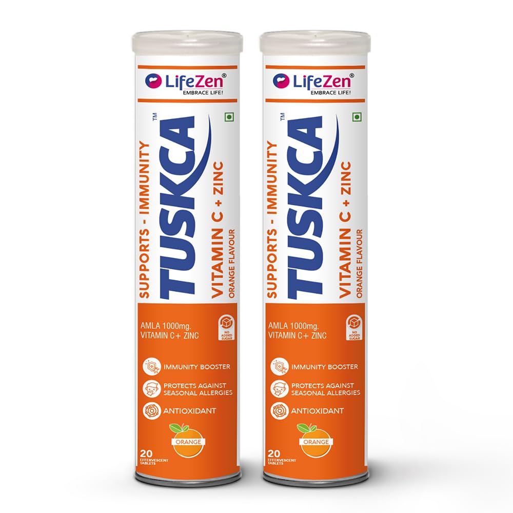 Tuskca Vitamin C + Zinc, Natural Amal Extract For Antioxidant, Immunity booster | Helps to boost & Strengthens Collagen for Healthy Skin | 1000Mg 20 Effervescent Tablet (Pack of 2)-Orange Flavour