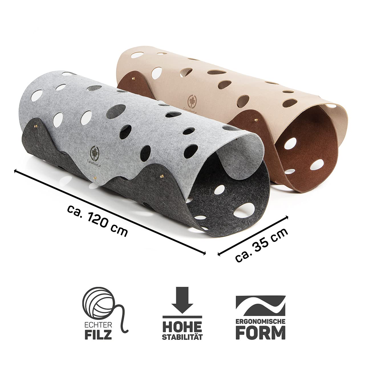 CanadianCat Company | Katzen Filztunnel XXL |ca. 120 x 35 cm| Spieltunnel & Liegematte aus Plüsch - der Katzentunnel in braun/beige